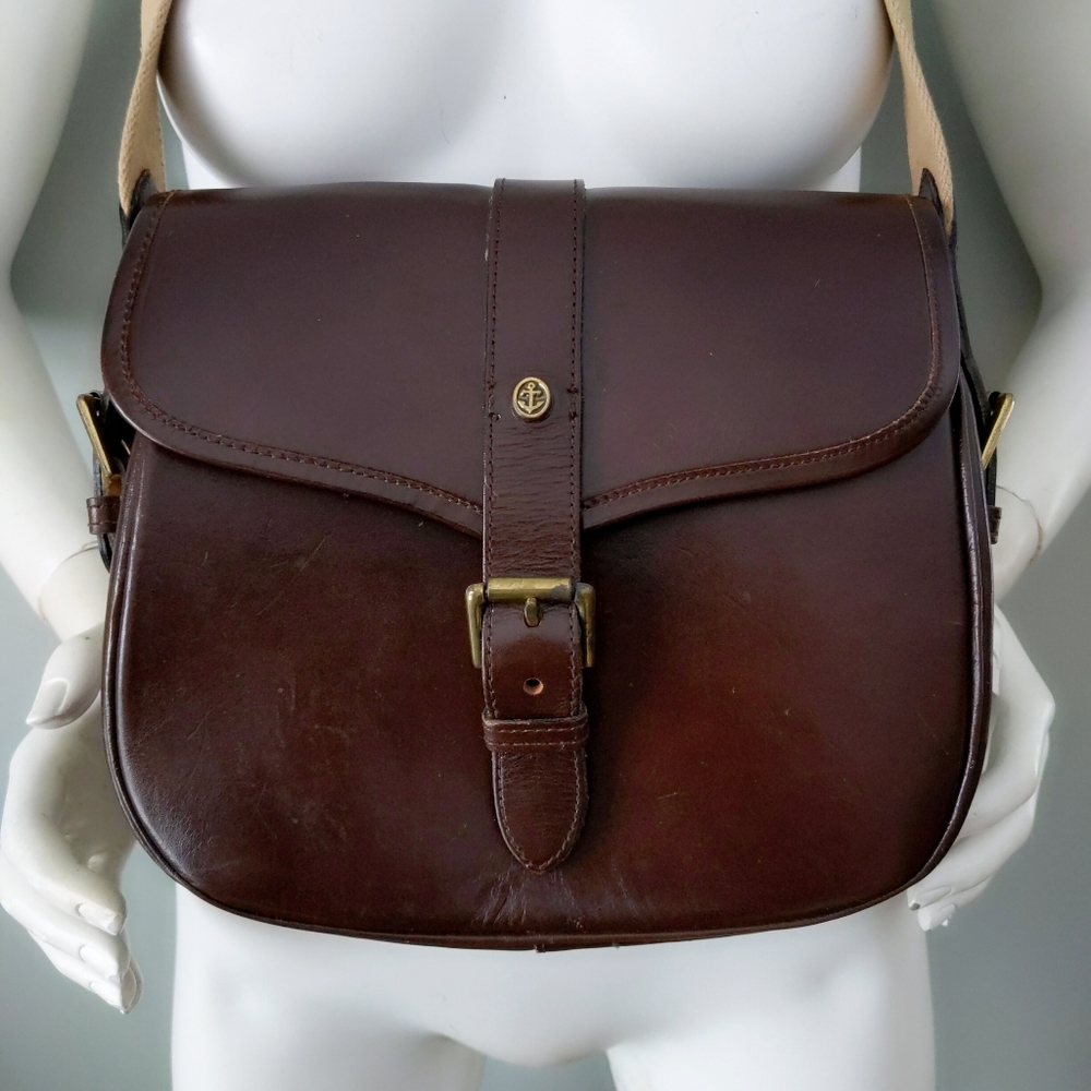 Vtg Golden Anchor JG Hook Burgundy Brown Leather Box Canvas Strap Shoulder Purse - Picture 4 of 5